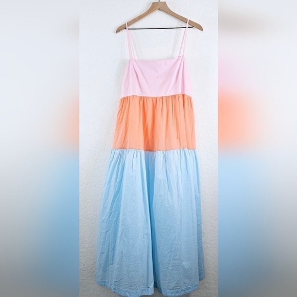 New! J. Crew Colorblock Tie Back Tiered Cotton Spaghetti Strap Maxi Dress - Picture 3 of 15